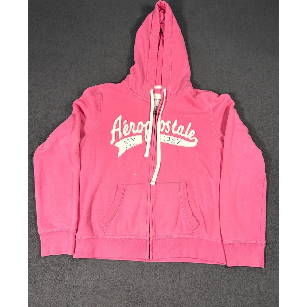 Aeropostale‎ Hoodie Womens XL Pink New York 1987 Spellout Fleece Lined Full Zip